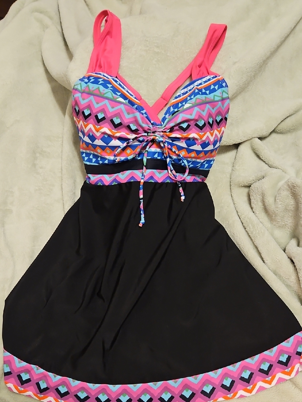 Womens XL.Retro Aztec Print Skater Swimdress in Pink & Black TANKINI